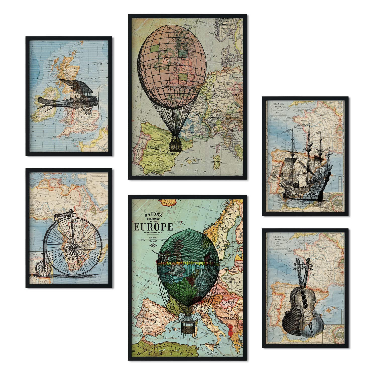 POSTER Set Mit 6 Vintage Maps Sammlung A3 & A4 Schwarzer Rahmen - Schwarz, Papier (29/3cm) - Nacnic