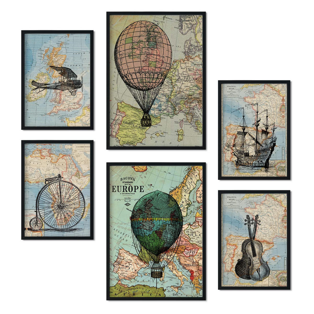 POSTER Set Mit 6 Vintage Maps Sammlung A3 & A4 Rahmenlos - Klar, Papier (29/3cm) - Nacnic