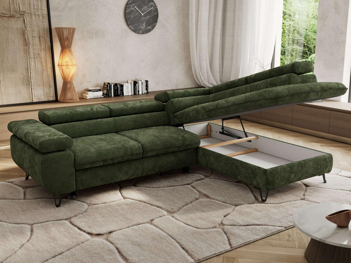 ECKSOFA PABLO L Dunkelgrün Schenille glatt - Rechts Seite - Dunkelgrün/Schwarz, Textil/Metall (273/208cm) - MKS