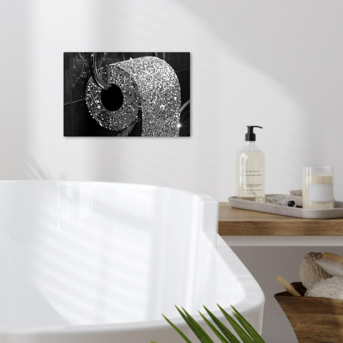 LEINWANDBILD WC - Toilettenpapier - Schwarz und weiß - Glitter 30x20 cm - Silberfarben, Textil (30/20cm) - MuchoWow