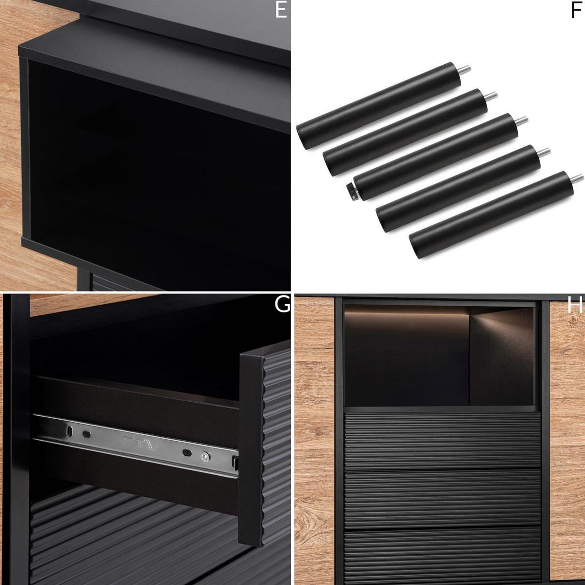 KOMMODE LOFTY Außenseiteneinlage, schwarz / Eiche natur - Eichefarben/Schwarz, Holzwerkstoff (151/84/41cm) - KONSIMO®