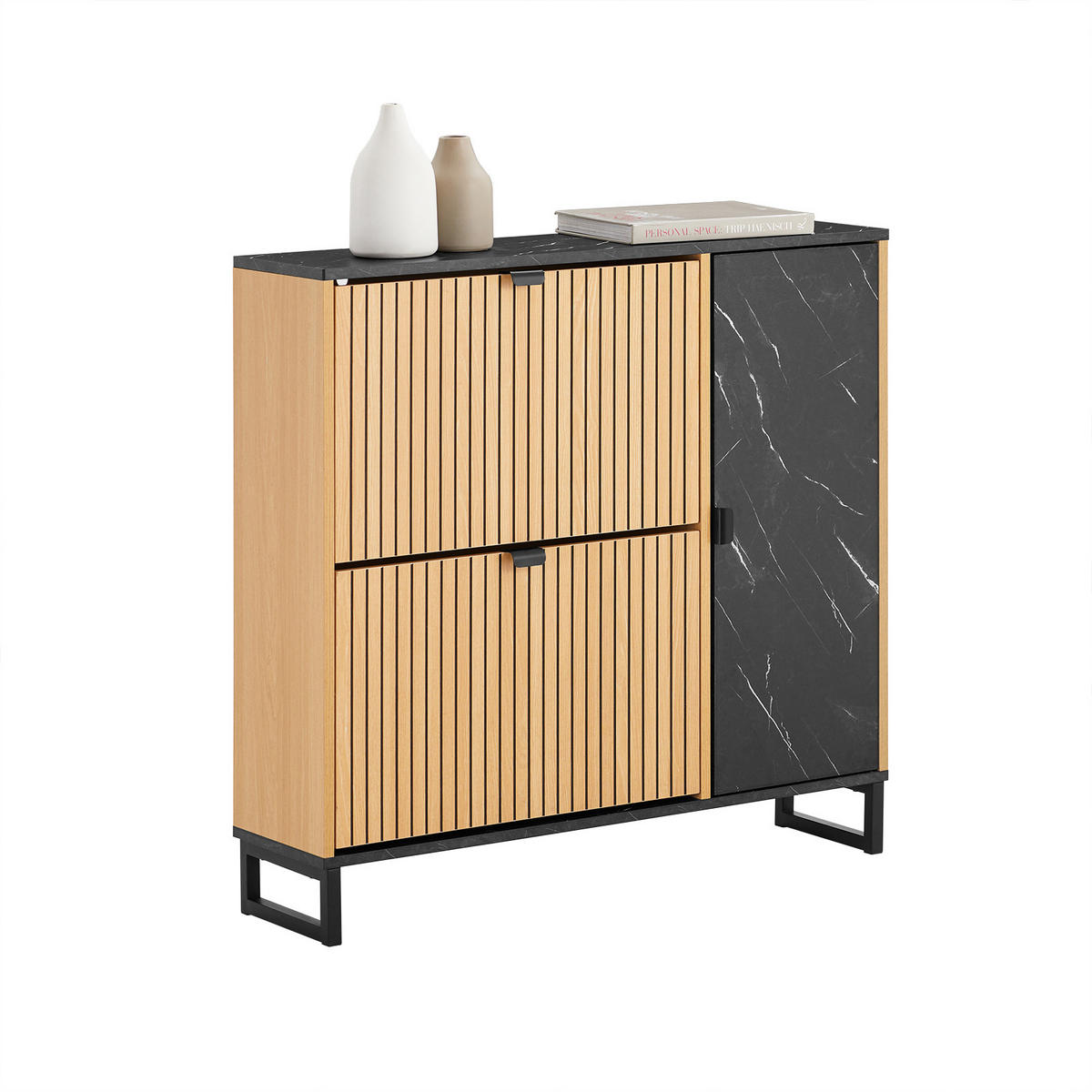 SCHUHSCHRANK Schmal, Holzoptik & Schwarz mit Marmor - Naturfarben, Holzwerkstoff (90/88/24cm) - SoBuy