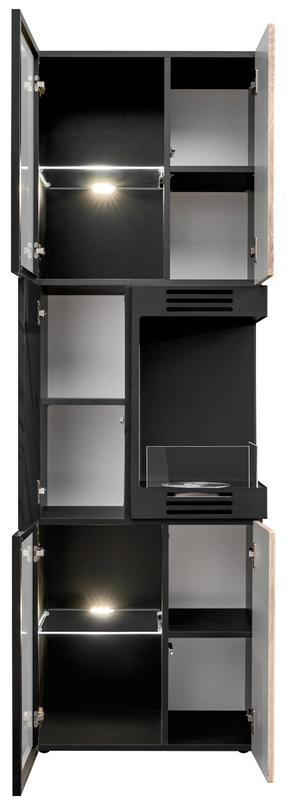 VITRINE schwarz, Vicking Eiche und Marmor schwarz 60 x 182 cm, Vitrinenschrank inklusive Ethanol Kamin - Eichefarben/Schwarz, Glas/Holzwerkstoff (60/182/37cm) - Inn.Furn