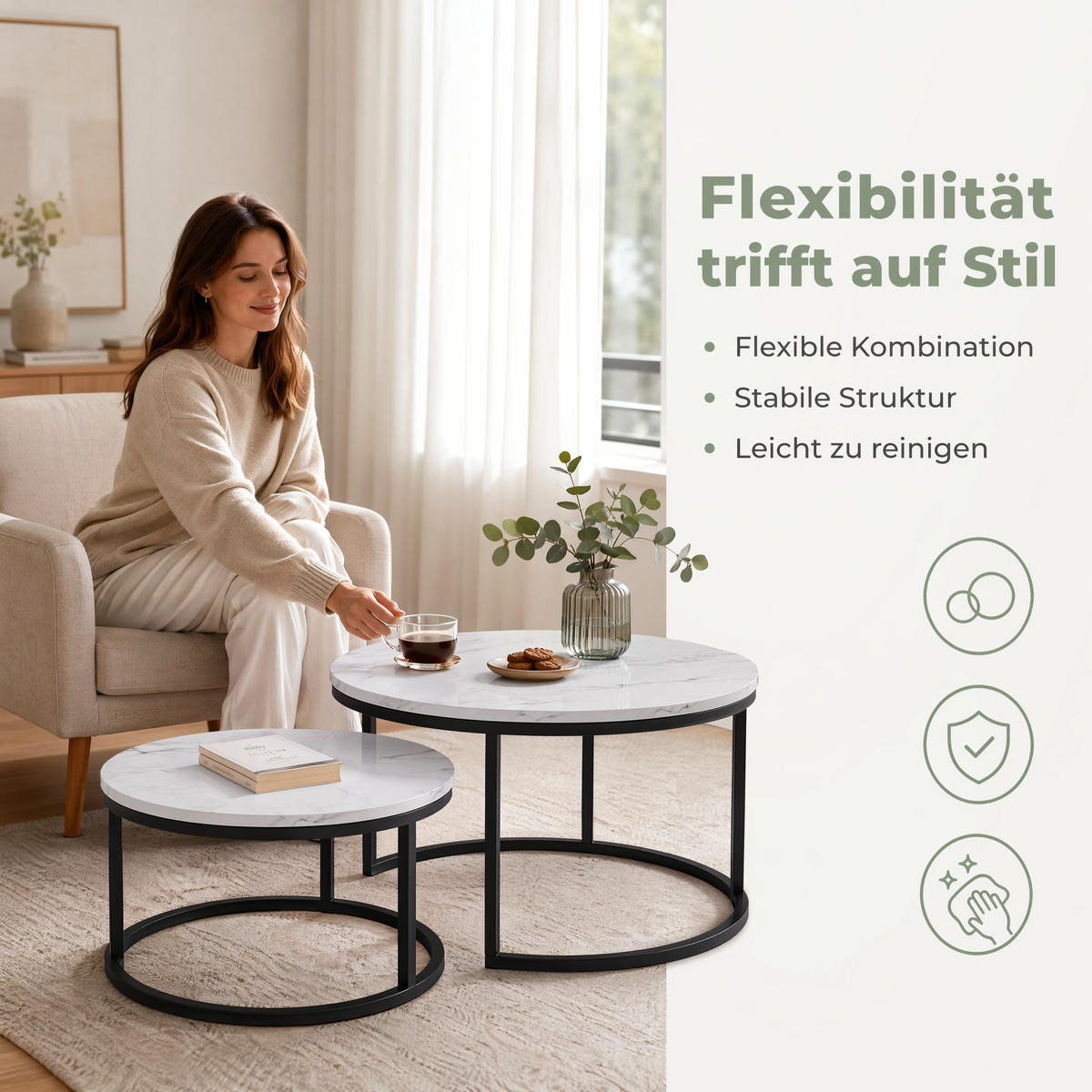COUCHTISCH 2-TEILIG Rund Weiß Schwarz Metall Tischset Wohnzimmer - Multicolor, Holz (80/60/45cm) - SHOPENTRA