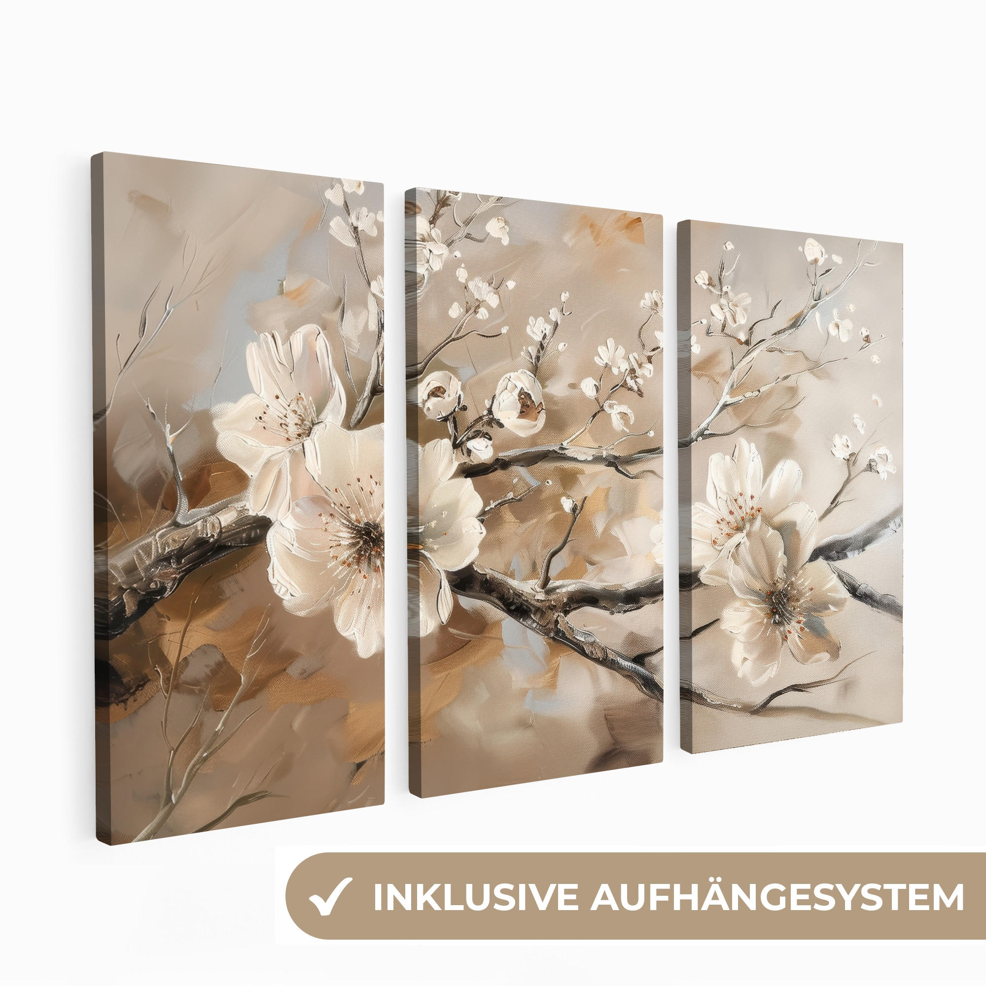 LEINWANDBILD - 3er Set - Blüte - Beige - Abstrakt - Blumen - 120x80 - Hellbraun, Textil (120/80cm) - MuchoWow