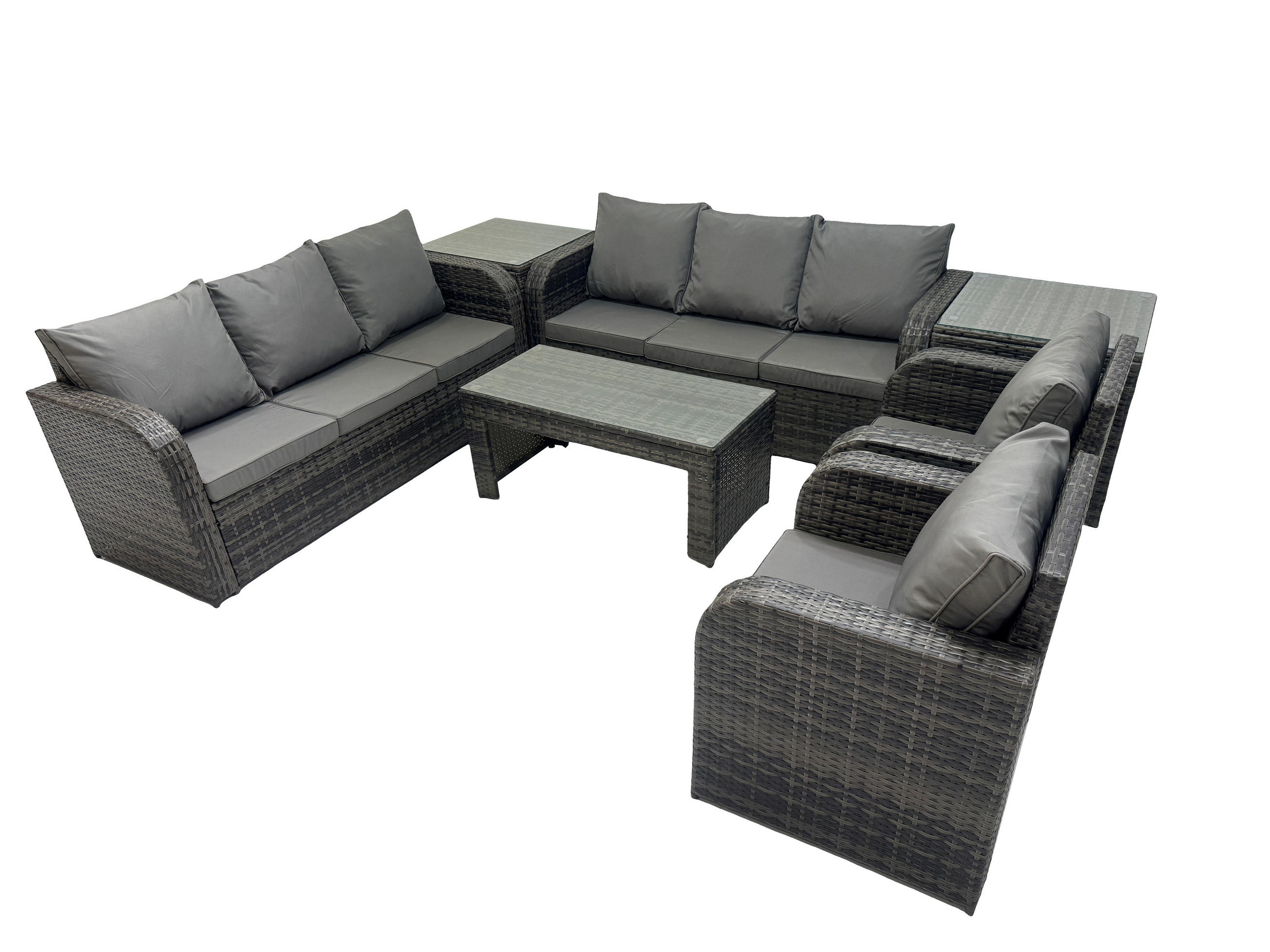 GARTENSOFA SET mit rechteckigem COUCHTISCH Polyrattan 8-Sitzer Dunkelgrau - Dunkelgrau/Grau, Glas/Kunststoff - Fimous