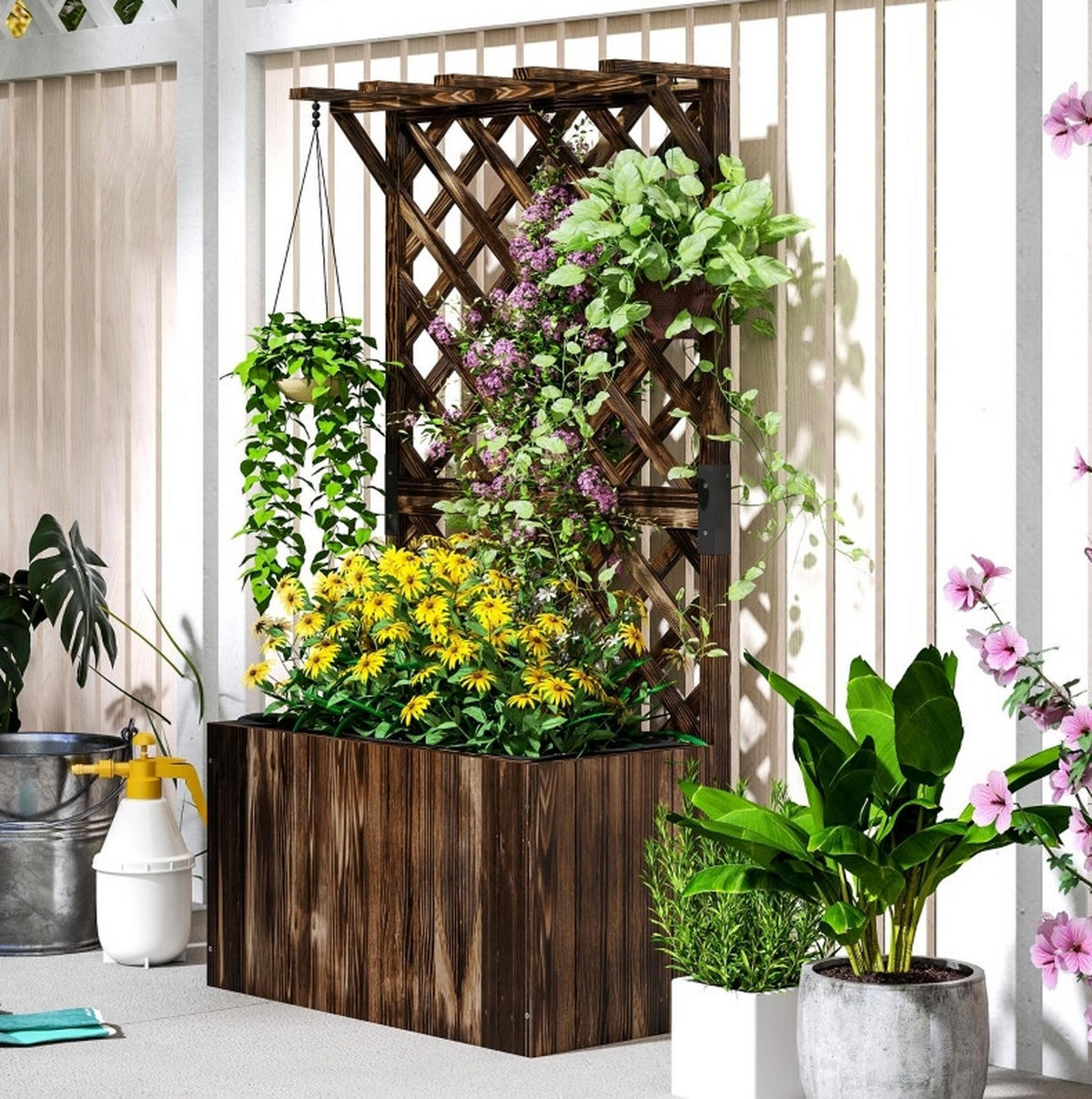 BLUMENKASTENHALTER mit Rankgitter & Hängedach Fichtenholz 64x33x122 cm - Braun, Holz (33/122/64cm) - Modfu