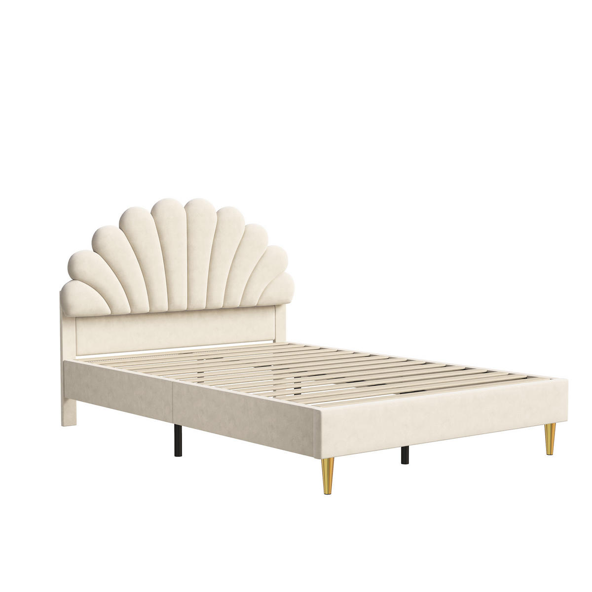 POLSTERBETT 140x200 cm, Blumenform-Kopfteil, Samt - Beige, Textil/Metall (140/200cm)