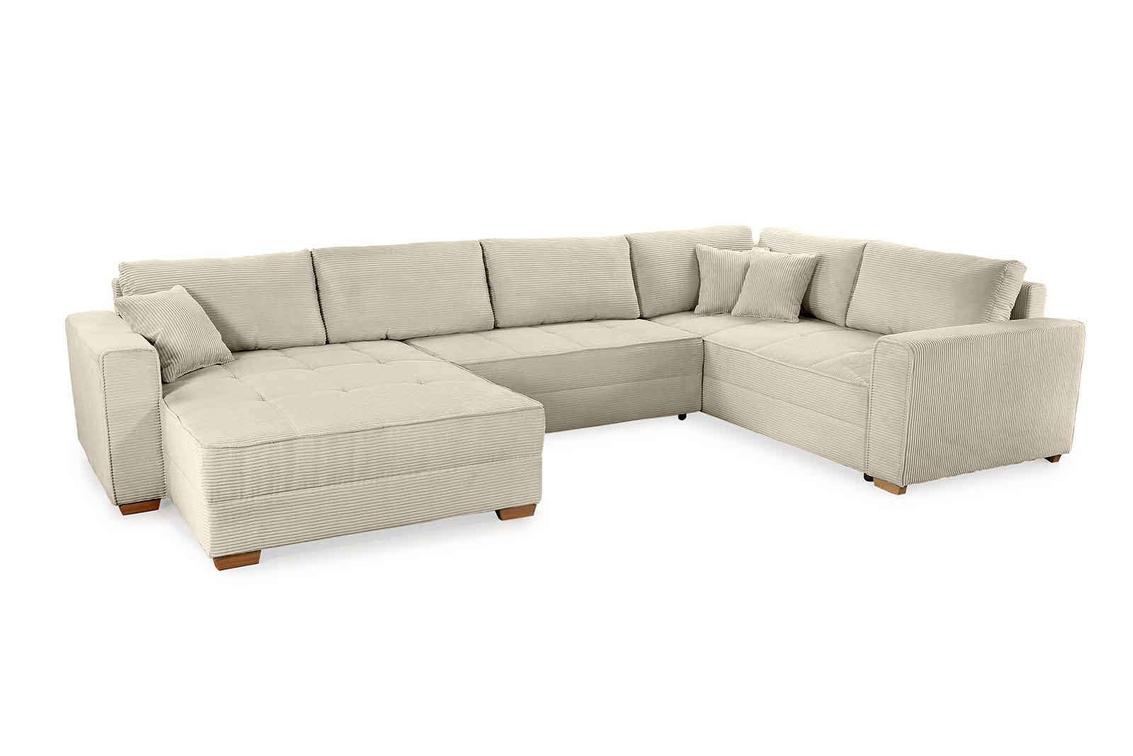 WOHNLANDSCHAFT Schlaffunktion Bettkasten Wellenunterfederung, spiegelverkehrt montierbar U-Form B379/T227/H86 cm, Cord Beige Grau / 15200 - Greige/Eichefarben, Holz/Textil (379/86/227cm) - luma-home