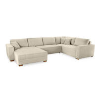 WOHNLANDSCHAFT Schlaffunktion Bettkasten Wellenunterfederung, spiegelverkehrt montierbar U-Form B379/T227/H86 cm, Cord Beige Grau / 15200 - Greige/Eichefarben, Holz/Textil (379/86/227cm) - luma-home