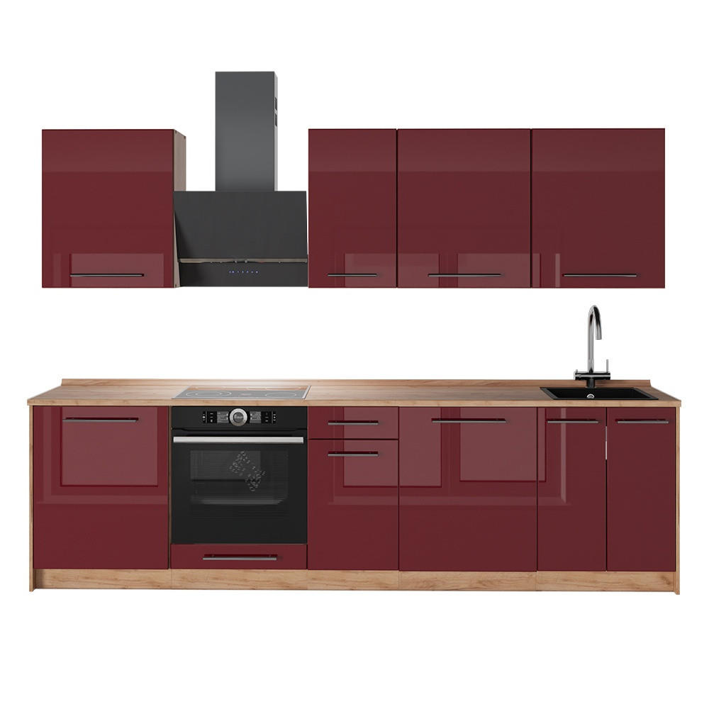 KÜCHENZEILE Fame-Line, Bordeaux Hochglanz/Goldkraft Eiche, 280 cm, AP Eiche - Honigeiche/Bordeaux, Holzwerkstoff (280/82/60cm) - Vicco