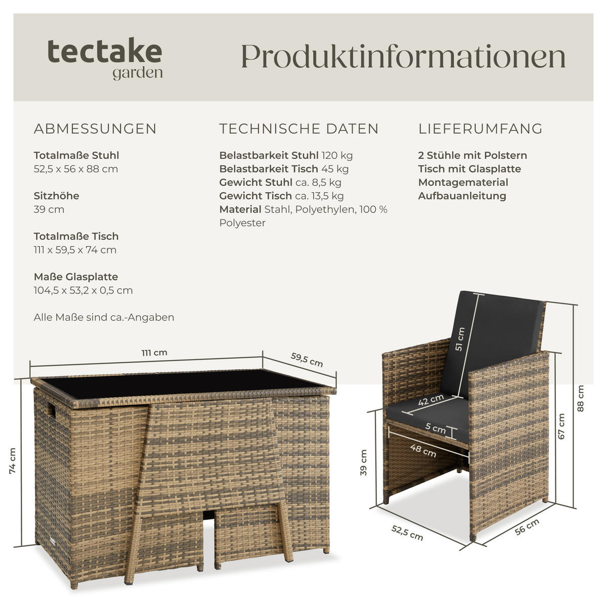 RATTAN SITZGRUPPE Lausanne,zusammenschiebbar,natur - Naturfarben, Kunststoff - tectake