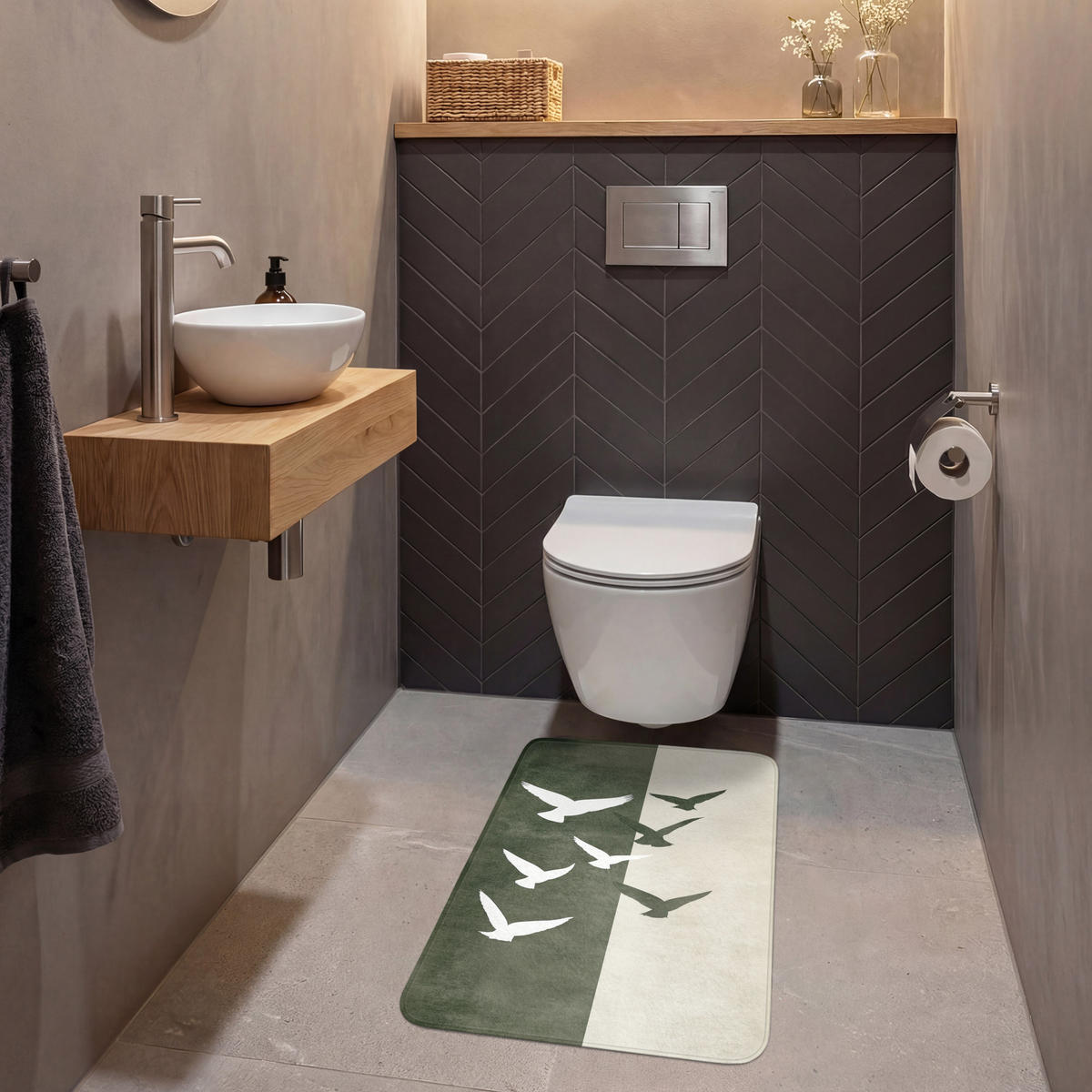 WC PŘEDLOŽKA Japandi - Pták - Zelený 50x80 cm - olivově zelená, textil/plast (50/1cm) - OnlyWow