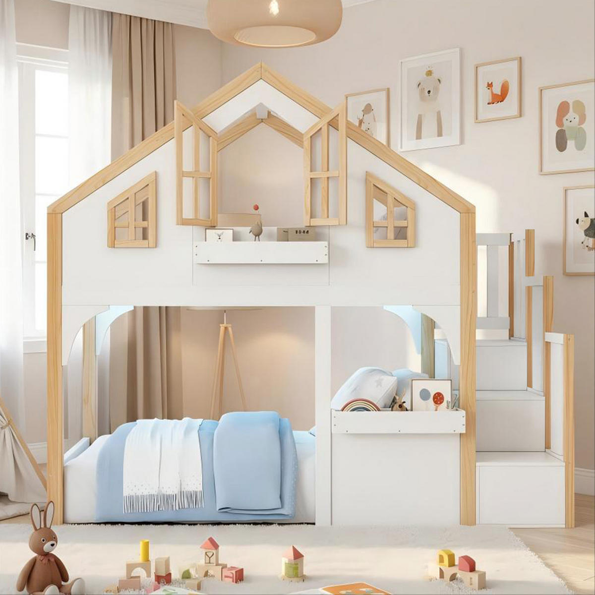 HAUSBETT 90/200 cm in Weiß aus Kiefer mit LED und Stauraumtreppe - Weiß, Holzwerkstoff (90/200cm) - BEAOK