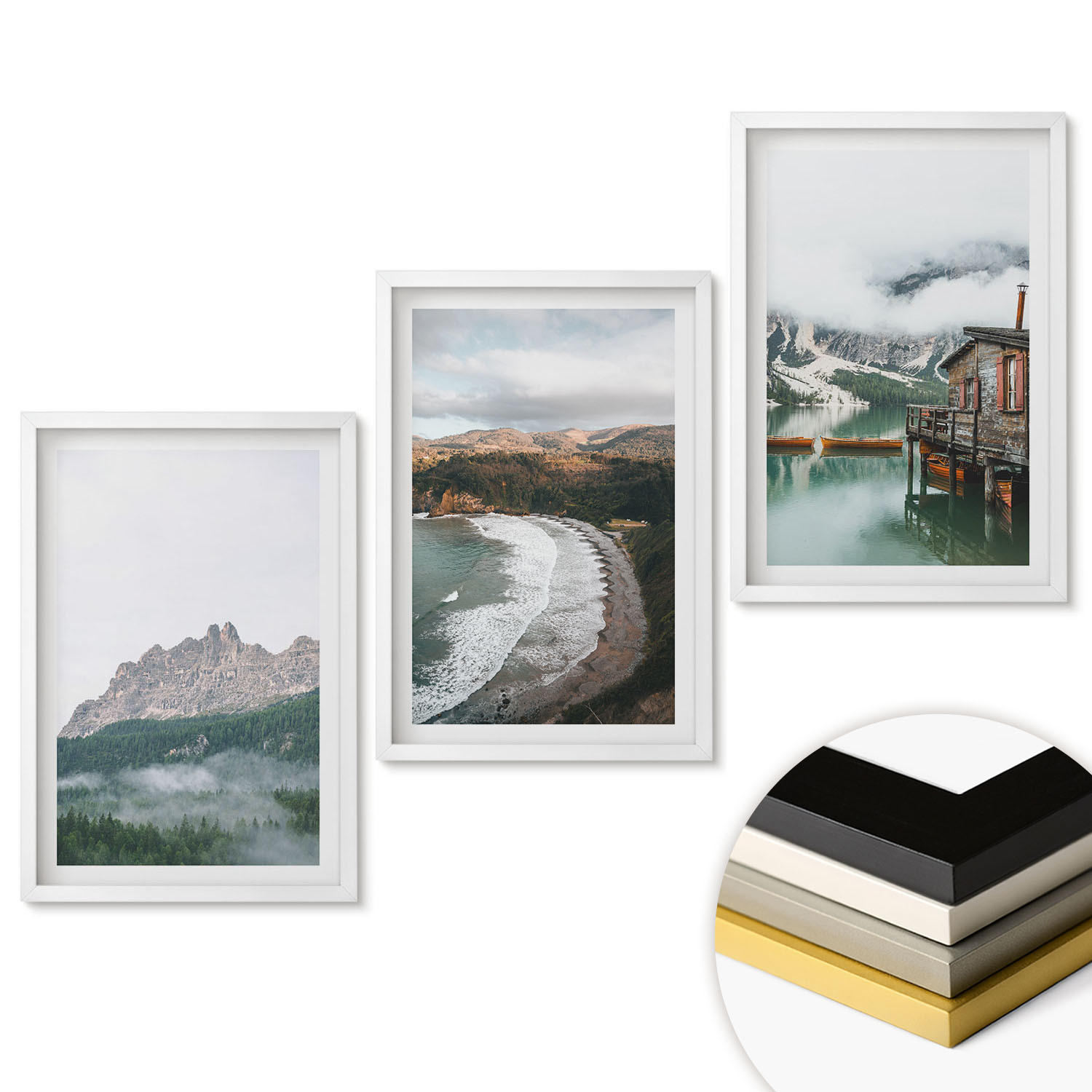 WANDBILDER 3er-Set - 40x60 cm Weißer Rahmen - Holzhaus an Bergstränden - Weiß, Kunststoff (40/60cm) - ArtPrintCave