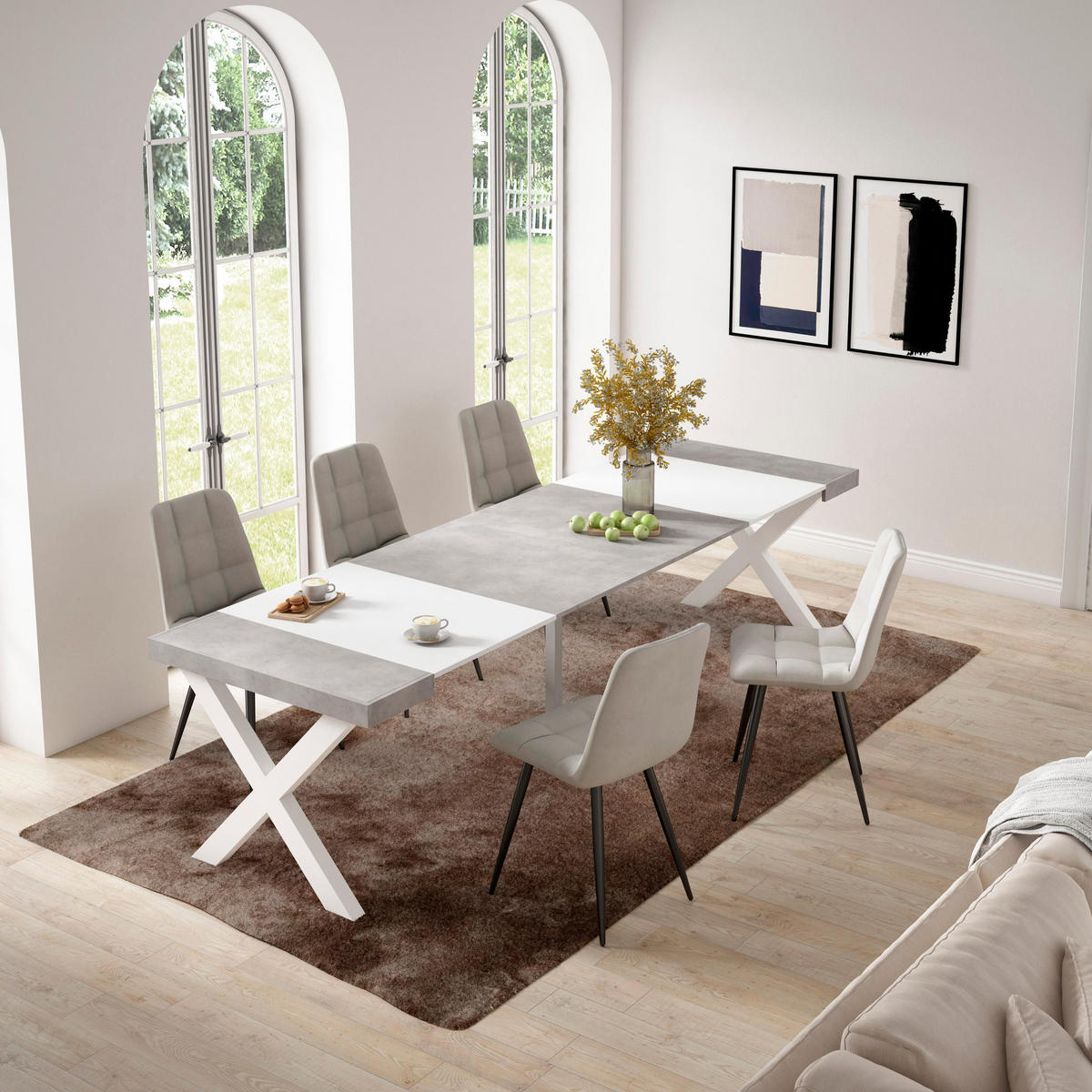 KONSOLENTISCH ausziehbar 58 bis 302cm, für 14 Gäste, weiß zementgrau, 90/58/73cm - Weiß/Grau, Holzwerkstoff (90/302/73cm) - Skraut Home