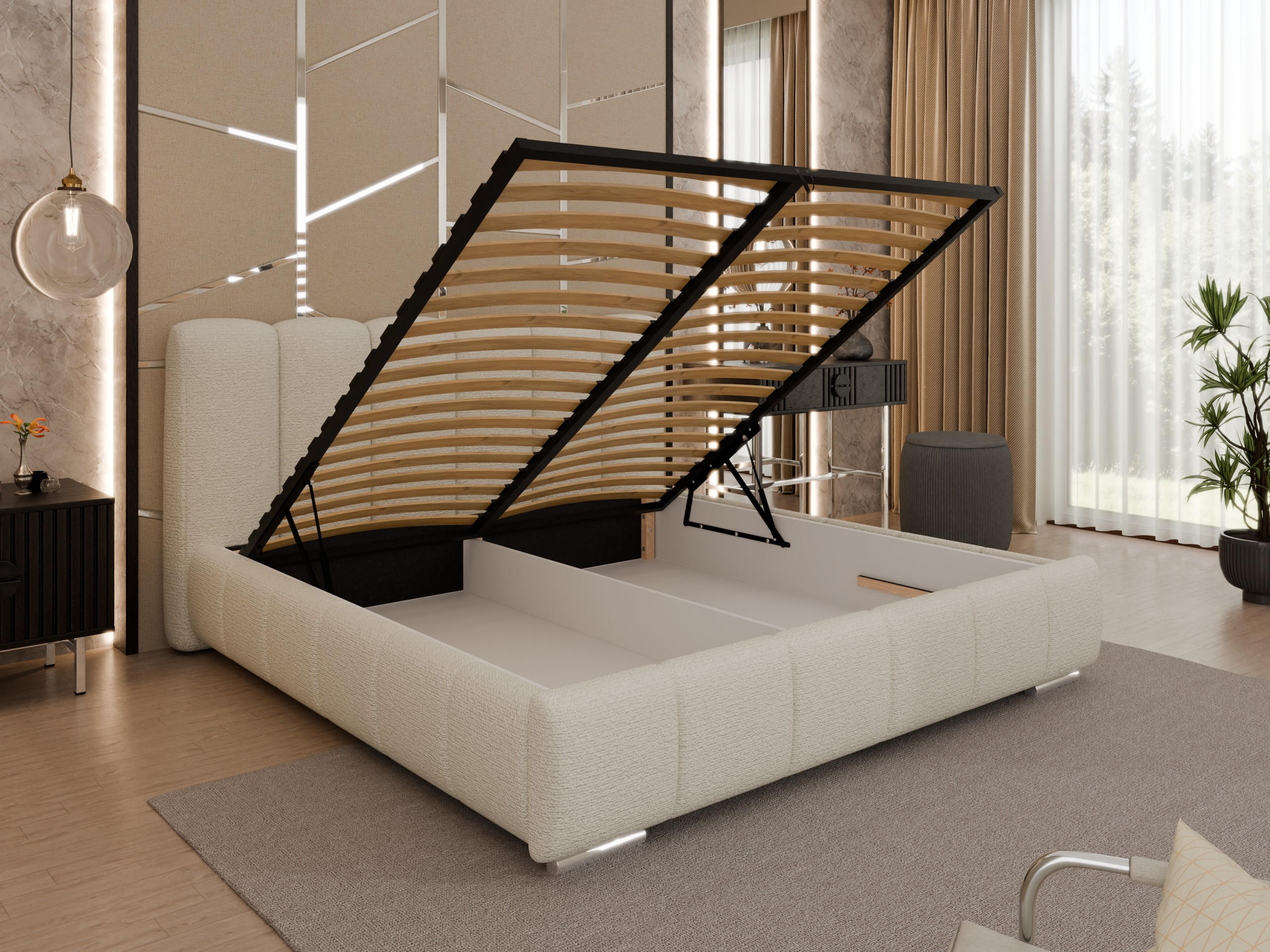 POLSTERBETT ZAIRA 180 x 200 cm mit Bettkasten und Lattenrost, 7-Zonen-Taschenfederkernmatratze CIRA (24 cm) – Hellbeige - Beige, Holz (160/200cm) - Panda Möbel