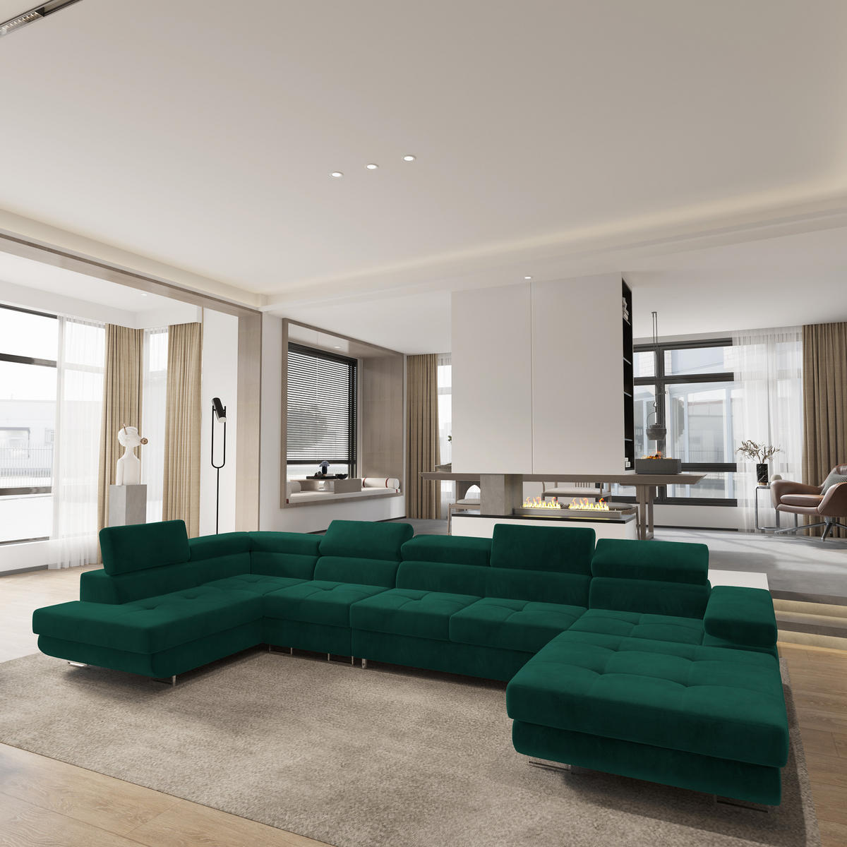 WOHNLANDSCHAFT VELORA L-S Grün Velours-Stoff mit Schlaffunktion - Grün, Holz (419/90/202cm) - MASSENO