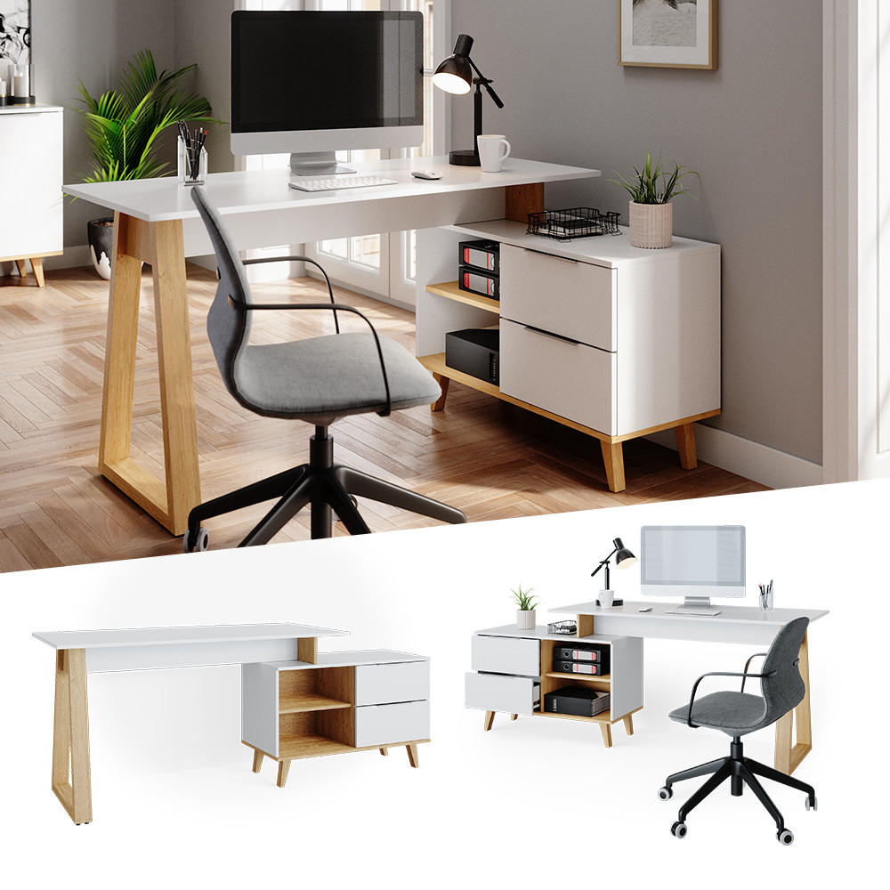 SCHREIBTISCH Nautica Weiß 138 x 60 cm mit Schubladen XL - Eichefarben/Weiß, Holzwerkstoff (60/138/77cm) - Vicco