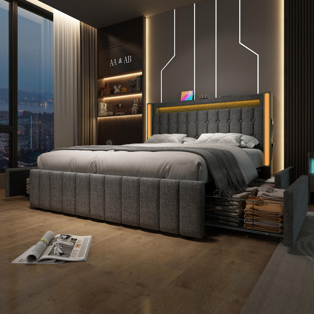 ČALOUNĚNÁ postel 140/200 cm šedá z lnu s LED, USB-C a 4 zásuvkami - šedá, textil (140/200cm) - OKWISH