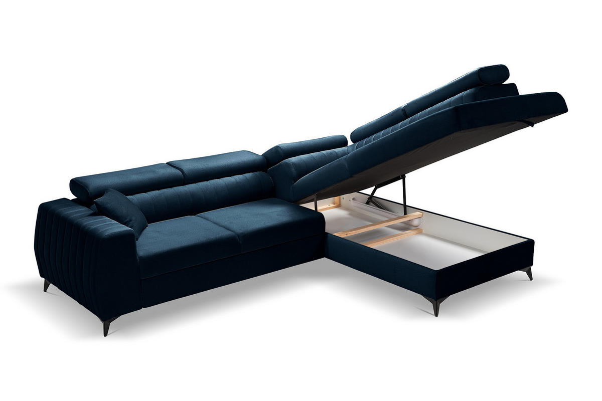 ECKSOFA PIERO L Rechts mit Schlaffunktion 195x125 Velours Dunkelblau - Schwarz/Dunkelblau, Holz/Textil (203/268cm) - Muffo