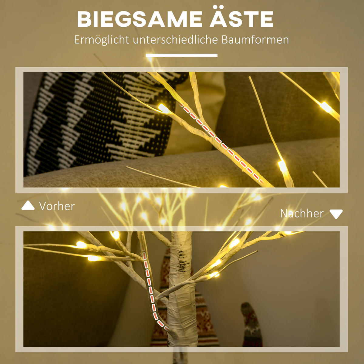 120 cm Kunstbirke Kunstbaum mit LED-Beleuchtung für Weihnachten Ostern Warmweiß - Weiß, Kunststoff (17/17/120cm) - HOMCOM