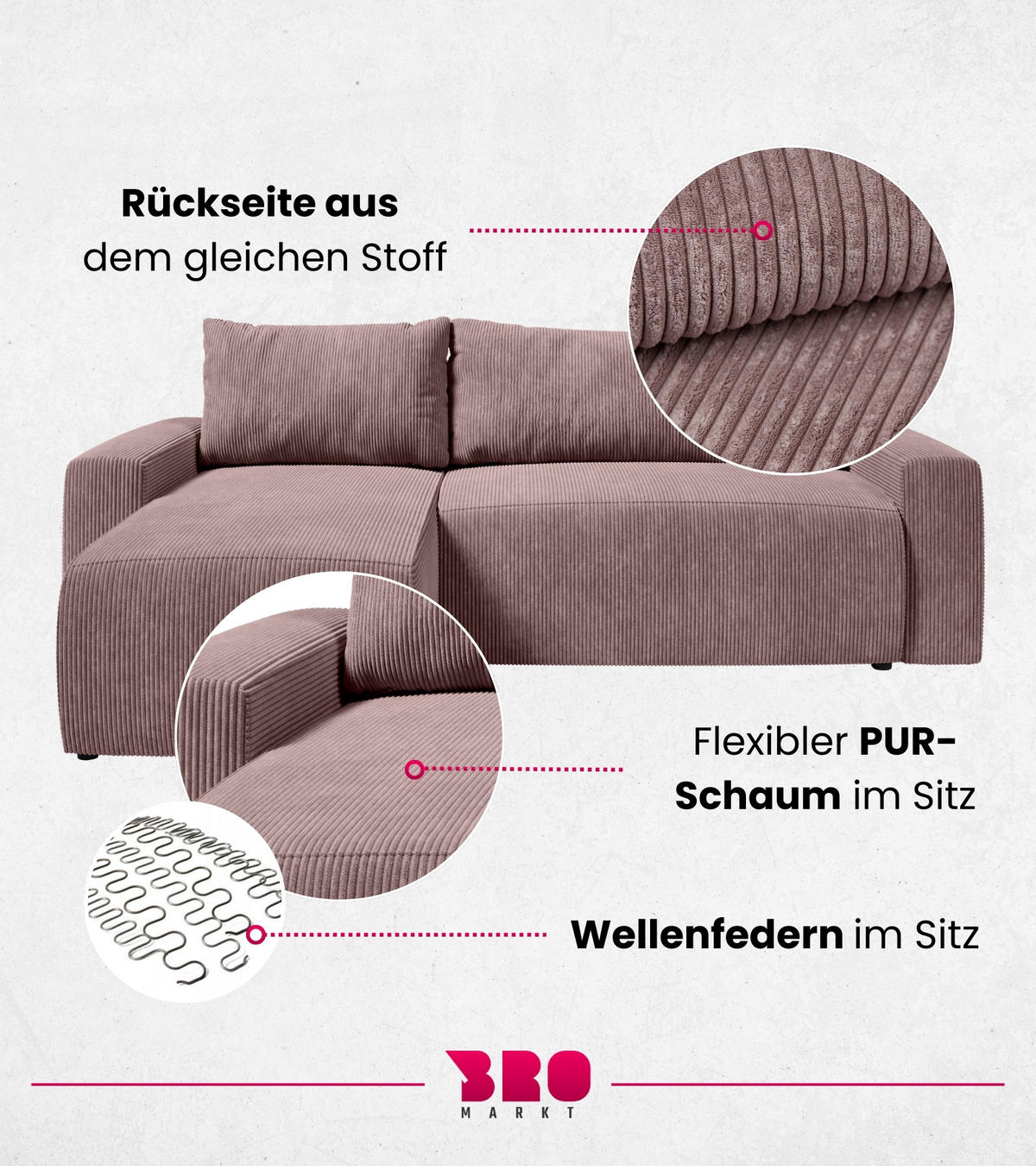 ECKSOFA PLUSH mit Schlaffunktion Rosa Cord - Rosa, Textil (240/145cm) - Bromarkt