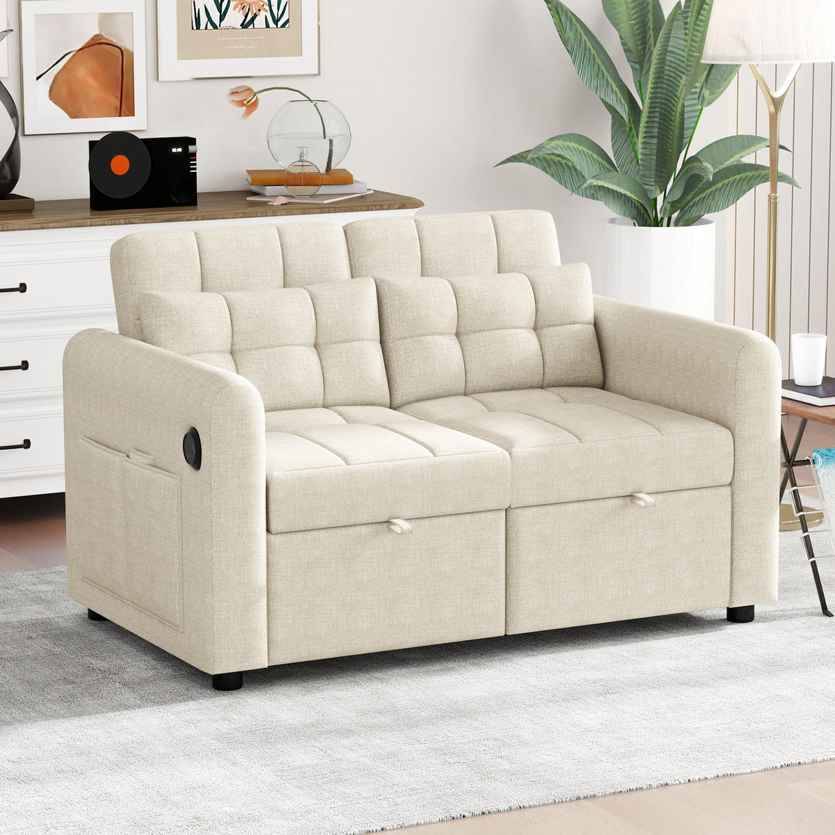 SCHLAFSOFA 3-in-1 mit USB, Armlehnentaschen und Kissen - Beige, Textil (142/83/85cm)
