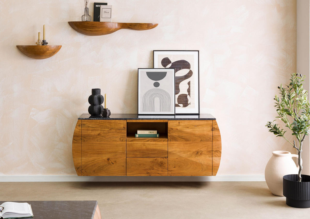 SIDEBOARD Akazie 154x40x75 natur lackiert / Marmor schwarz MONTREAL #125 - Braun, Holz (154/75/40cm) - Massivmoebel24