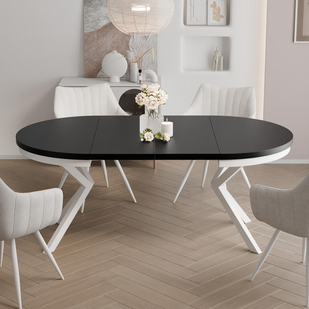 AUSZIEHTISCH MILTON 120-196/76 cm mit Metallgestell und Zarge, Weiß / Schwarz Molet - Schwarz/Weiß, Holzwerkstoff/Metall (120/120/76cm) - Idohome