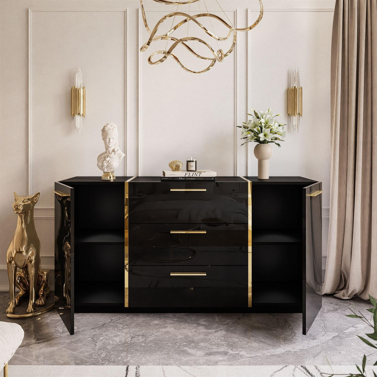 KOMMODE MIT SCHUBLADEN ONYX HOCHGLANZ 158 CM - Schwarz, Holzwerkstoff (158/81/41.3cm) - Lookway