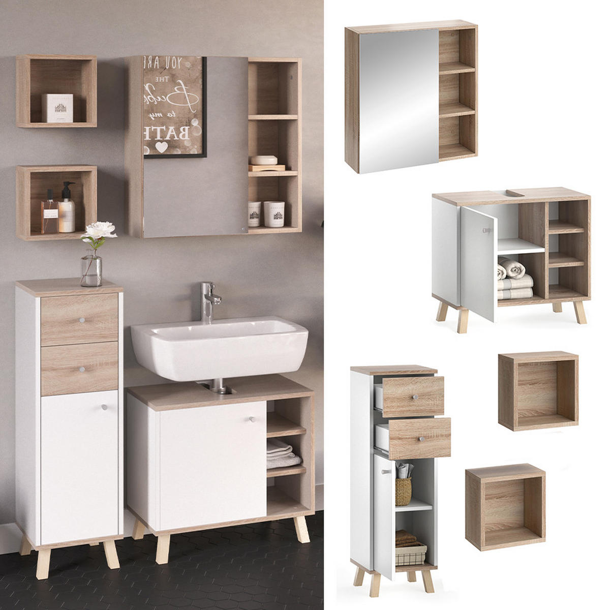 BADMÖBEL-SET Senyo Weiß 4 Teile - Weiß/Sonoma Eiche, Holzwerkstoff (62/54/32cm) - Vicco