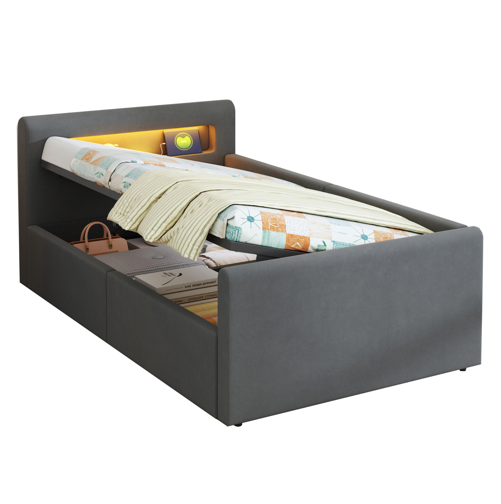 KINDERBETT 90/200 cm aus Samt mit LED-Beleuchtung und Hydraulik-Stauraum Dunkelgrau - Grau, Textil (90/200cm) - Modenvie
