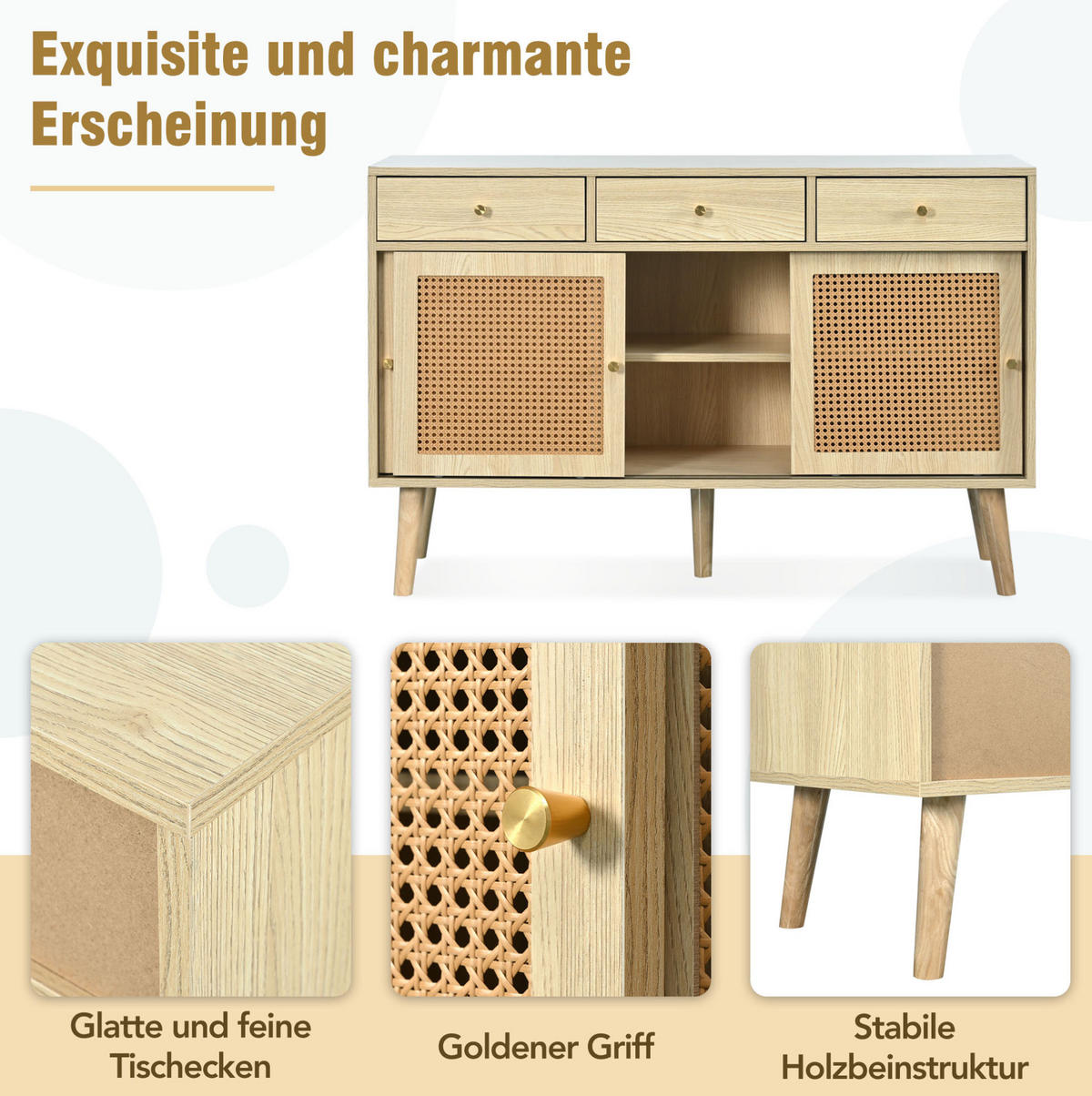 SIDEBOARD 120/40/78 cm mit 3 Schubladen, 3 Schiebetüren & Rattanfronten - Eichefarben, Holzwerkstoff (120/78/40cm) - BEAOK