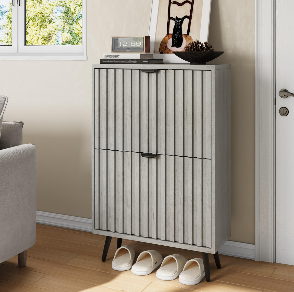 SCHUHSCHRANK 60/24/94 cm grau aus MDF und Holzwerkstoff mit 2 Klappen und Rillendesign - Grau, Holzwerkstoff (60/94/24cm) - OKWISH