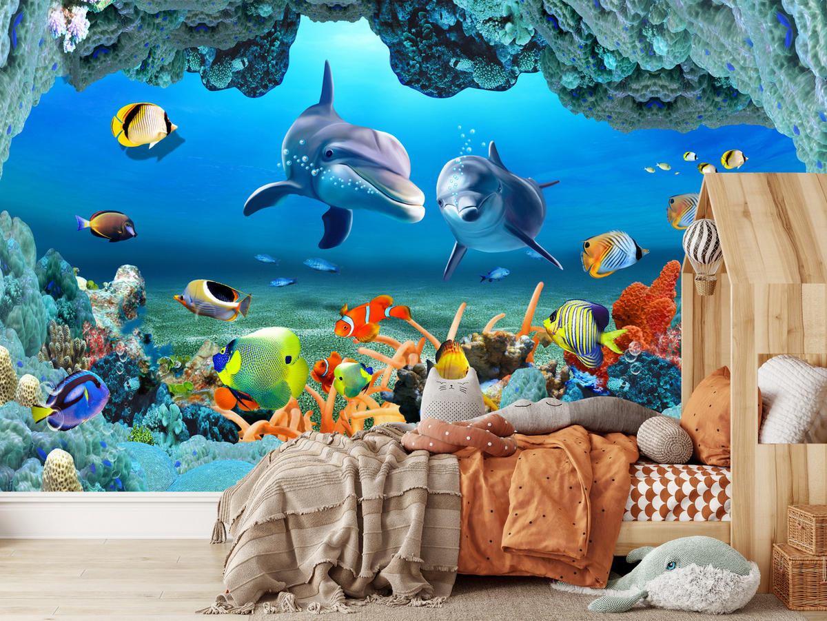 FOTOTAPETE für Badezimmer Unterwasser Korallenriff Delfin Fisch 350x256 - Türkis/Gelb, Papier (350/256cm) - Muralo