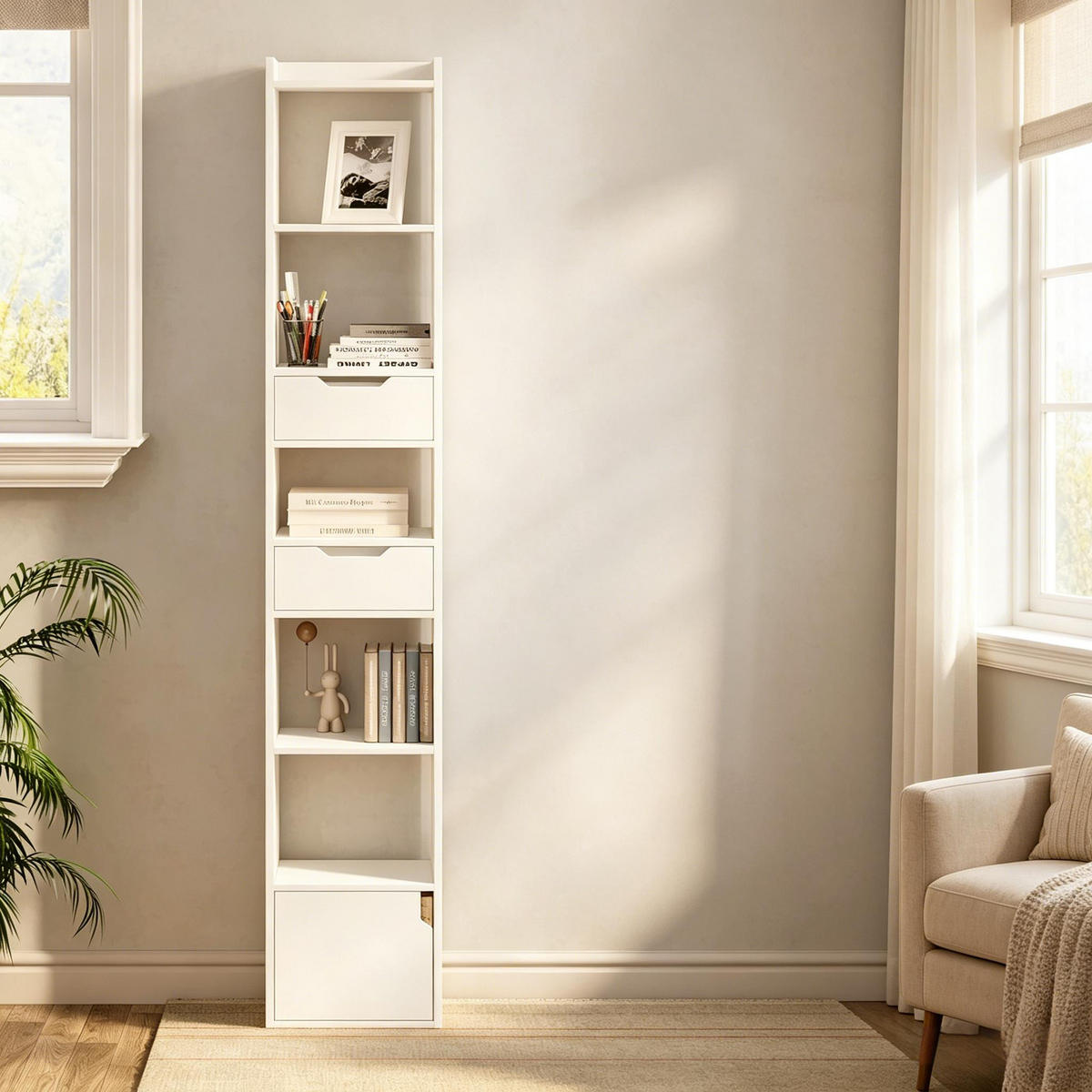 BÜCHERSCHRANK Weiß mit 2 Schubladen und 1 Tür 33/24/181 cm - Weiß, Holz (33/181/24cm) - PANGIVO