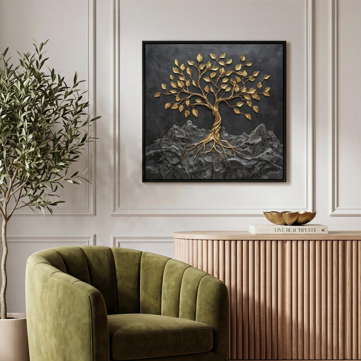 LEINWAND Bilder mit Rahmen - Blätter - Gold - Baum - Fels - 50x50 - Schwarz, Textil (50/50cm) - MuchoWow