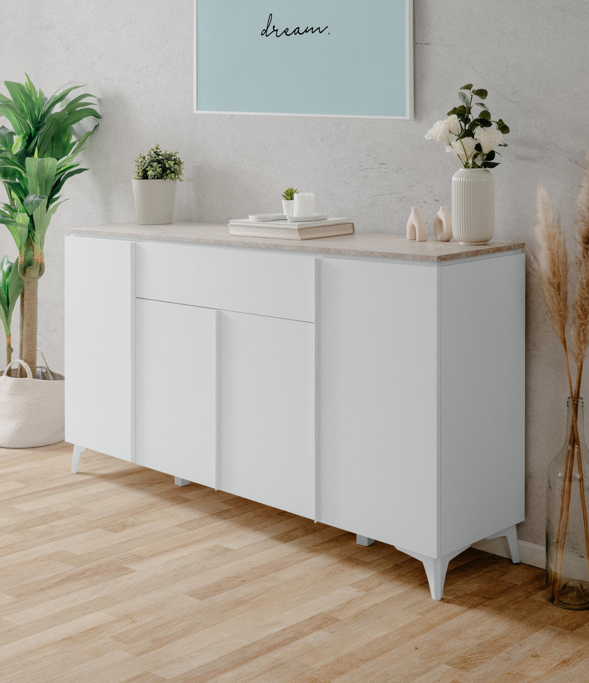 SIDEBOARD weiß, Sandstein 177 cm, Kommode 4-türig - Weiß, Holzwerkstoff/Kunststoff (177/92/40cm) - Furn.Design