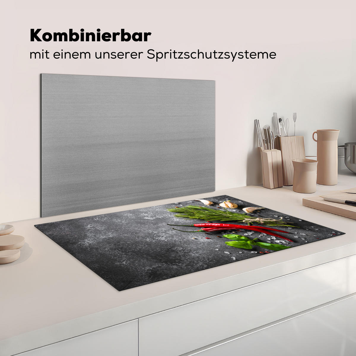 HERDABDECKPLATTE Pfeffer - Kräuter - Gewürze - Beton Induktionsmatte 83x51 cm - Rot, Kunststoff (83/51.5/0.2cm) - MuchoWow