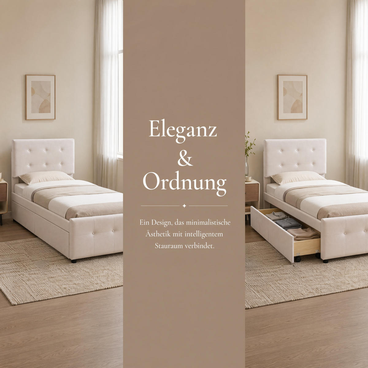 EINZELBETT 90x200 Samt Mit Stauraumschublade Stabil Lattenrost - Creme, Holz
