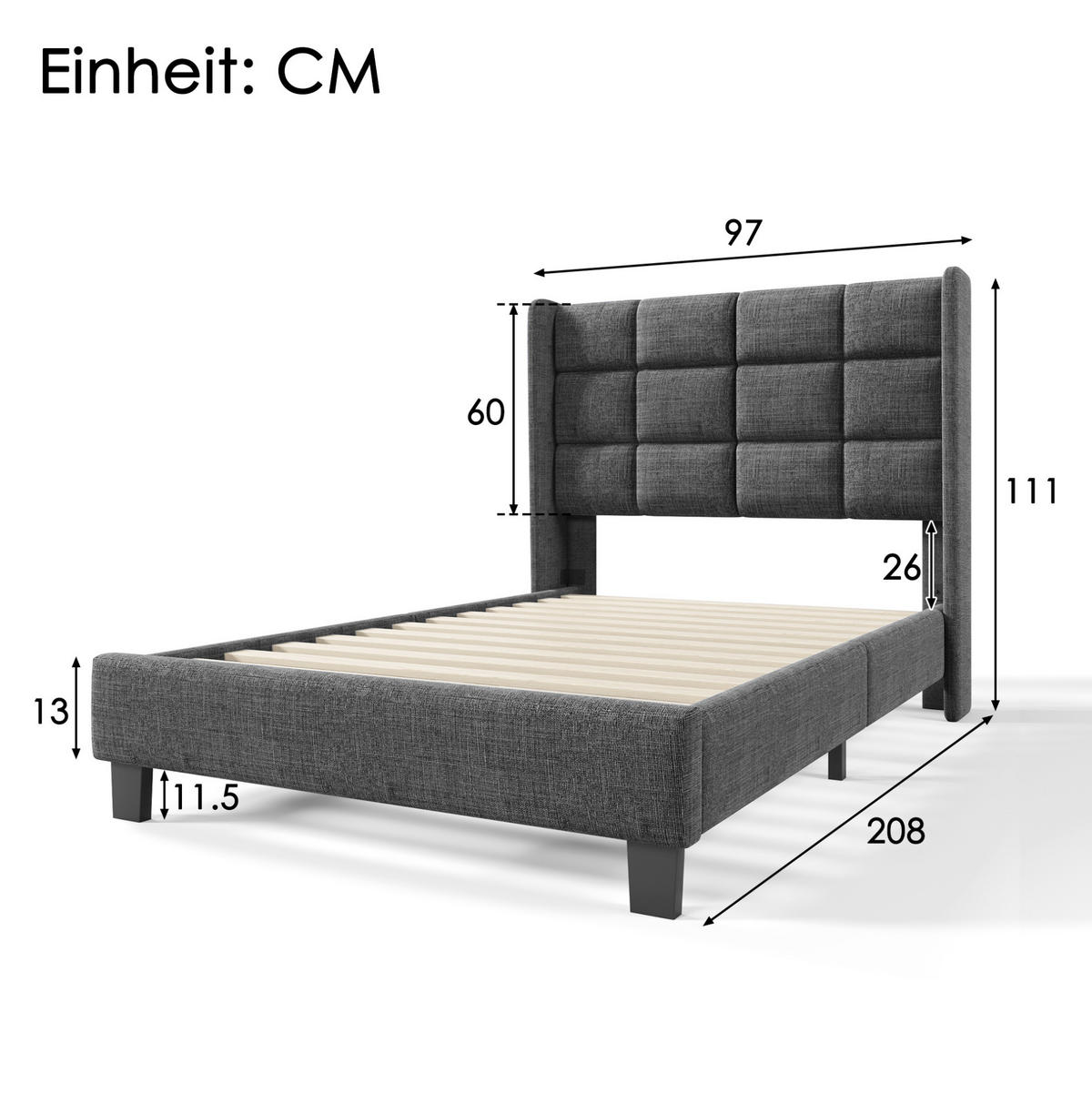 BETT mit Lattenrost 90x200 cm Leinen Grau - Grau, Metall (90/200cm) - Meubliv