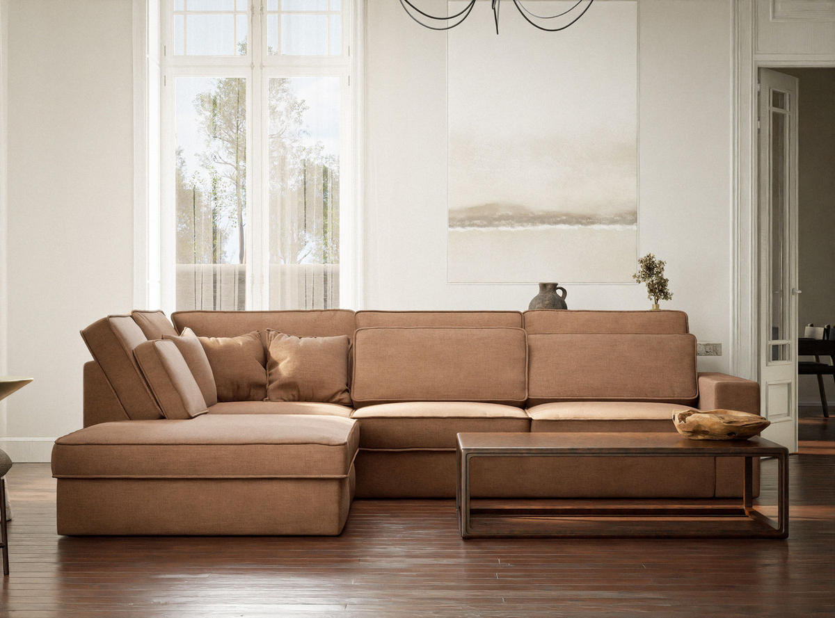 ECKSOFA Kirou Hellbraun Chenille-Stoff - Links Seite - Hellbraun/Schwarz, Holz/Holzwerkstoff (225/311cm) - Maison de Reve