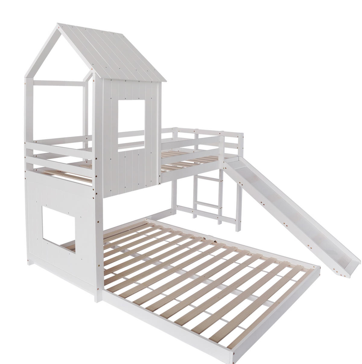 ETAGENBETT 90/200 & 140/200 cm mit Rutsche, Hausdach, Fenster, Fallschutz und Leiter aus Kiefer/MDF, Weiß - Weiß, Holzwerkstoff (90/200cm) - Redom