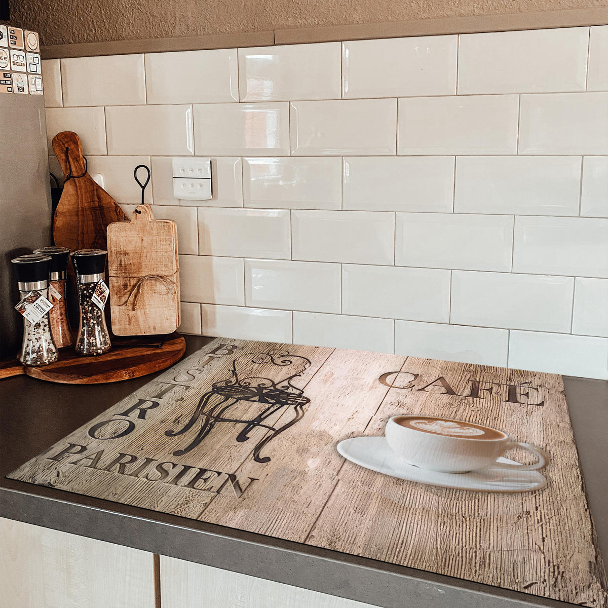 HERDABDECKPLATTE Bistro Parisien - Café - Kaffee - Jahrgang Induktionsmatte 77x59 cm - Cappuccino, Kunststoff (77/59/0.2cm) - MuchoWow