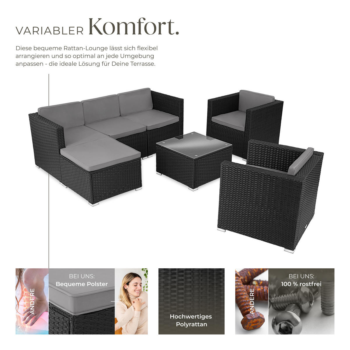 RATTANLOUNGE Lignano,variabel aufstellbar,schwarz - Schwarz, Kunststoff - tectake