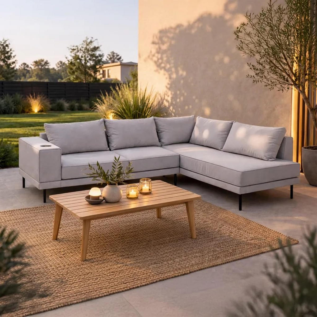 GARTEN-ECKSOFA VOLARO S Wetterfest 270x200x50 cm, Rechts, Outdoor-Stoff, Getränkehalter aus Metall, 20 cm hohe Füße, Grau - Grau, Holz/Metall (270/50/200cm) - Trada