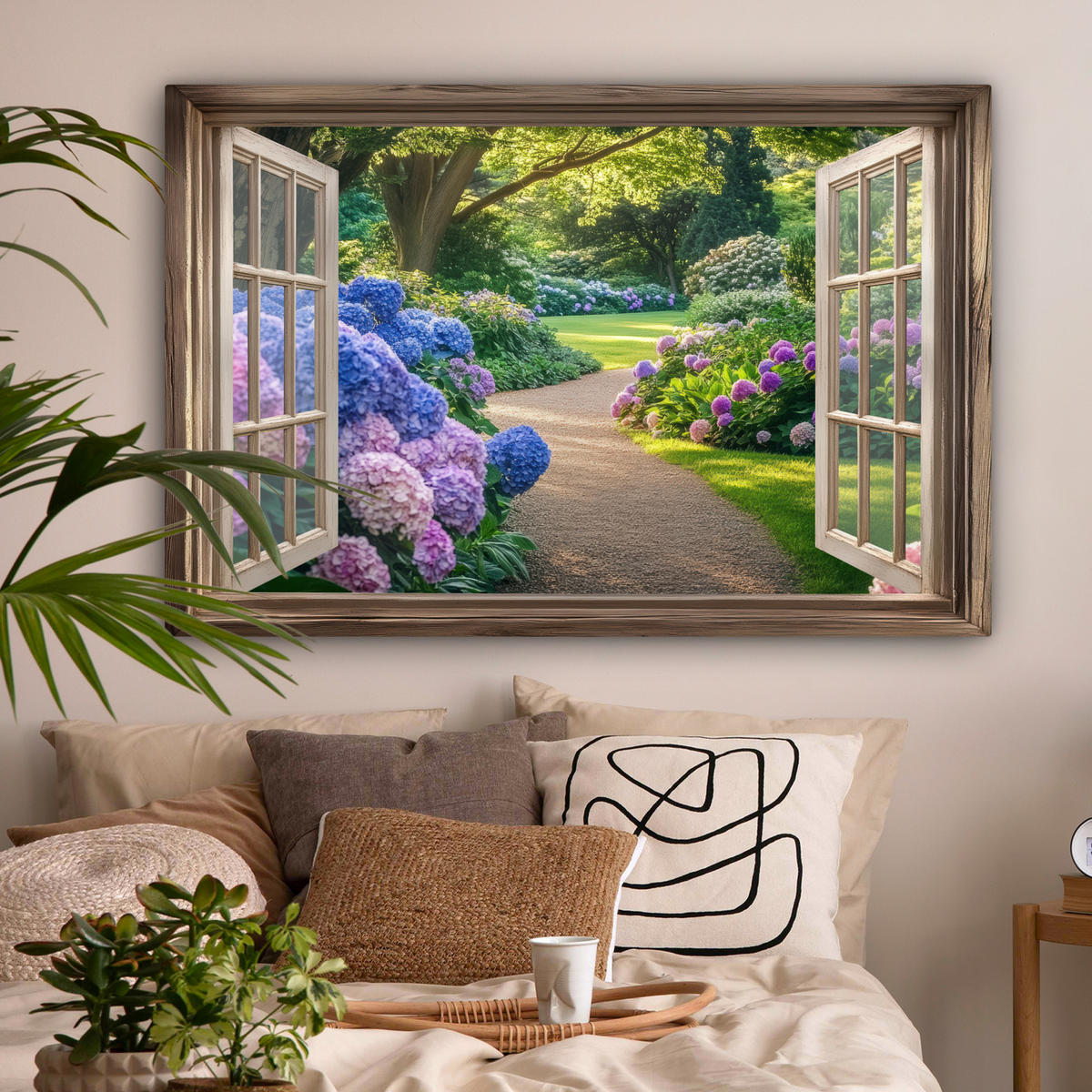 LEINWANDBILD Aussicht - Garten - Fenster - Hortensie - Blumen Wohnzimmer 120x80 cm - Pastellblau, Textil (120/80cm) - MuchoWow