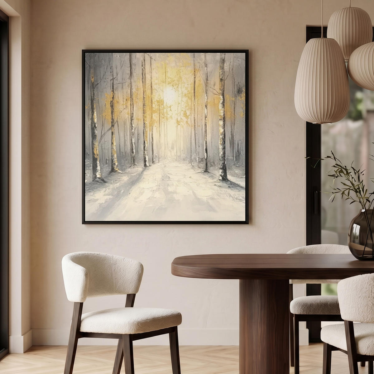 LEINWAND Bilder mit Rahmen - Winter - Abstrakt - Schnee - Natur - Sonne - 90x90 - Grau, Textil (90/90cm) - MuchoWow