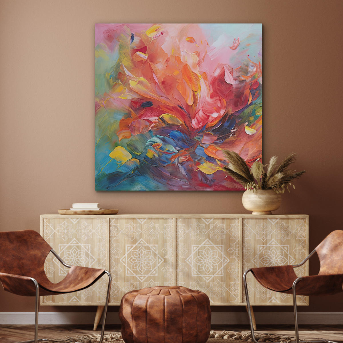 AKUSTIKBILD Ölgemälde - Kunst - Abstrakt - Farbenfroh Akustikpaneele 90x90 cm - Altrosa, Textil (90/90/0.9cm) - MuchoWow